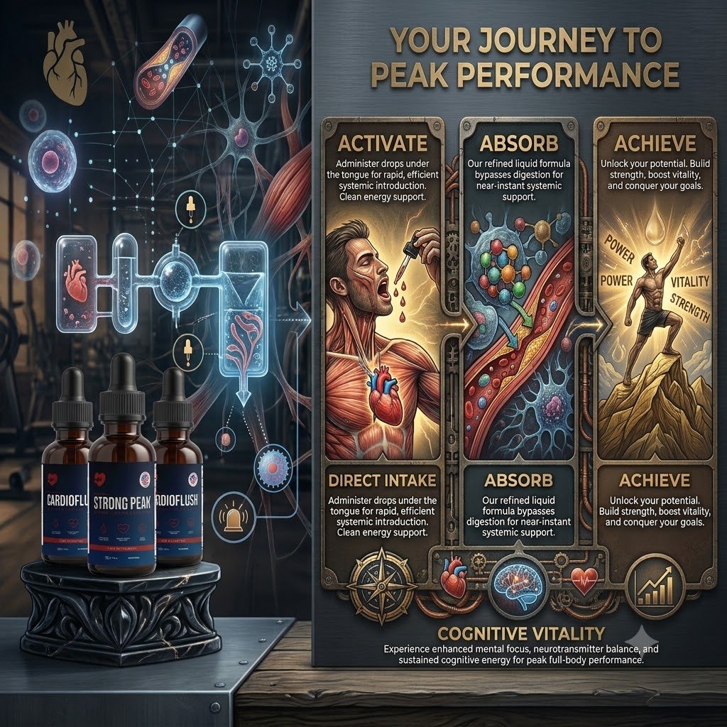 Illustrated graphic titled Your Journey to Peak Performance with three steps: activate, absorb and achieve, and three dropper bottles