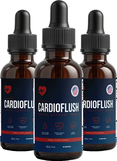 Three CardioFlush cardio support drops bottles